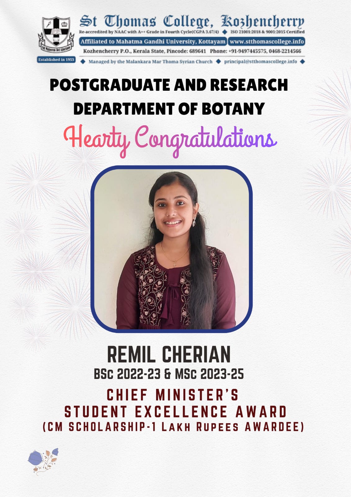 Chief Minister's Student Excellence Award Recipient - Ms. Remil Cherian