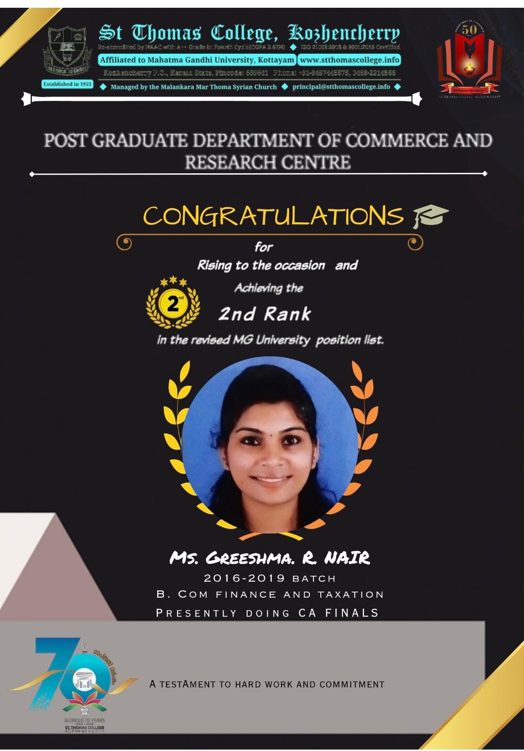 Second Rank in MG University Examination